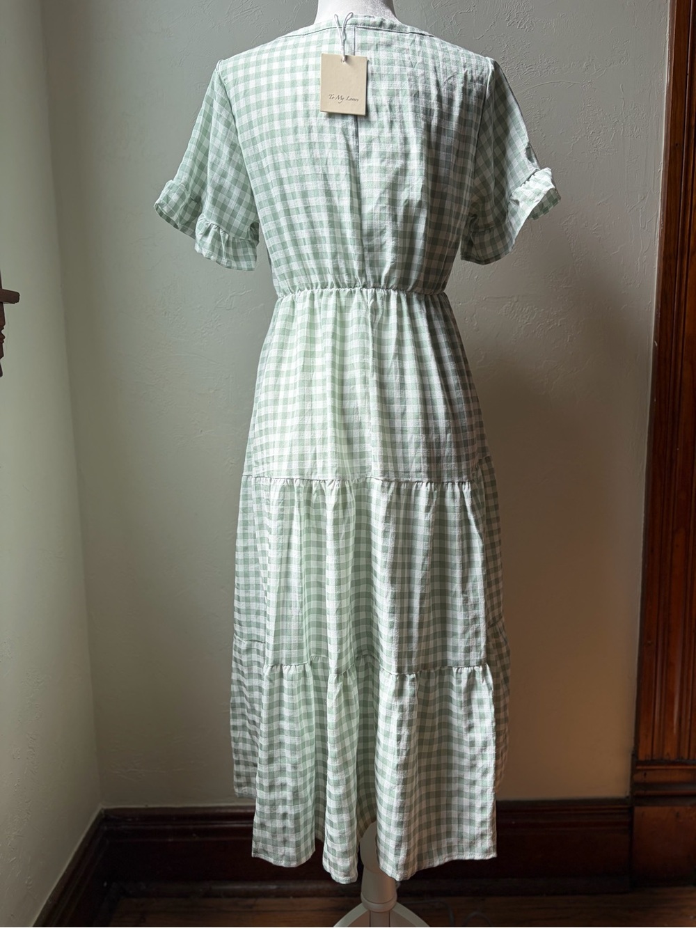 To My Lovers Sage Green Gingham Cotton Tiered Midi Dress Small NWT - Picture 11 of 12
